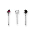 10k White Gold 20 Gauge Set of Three 1.5mm Dark Red/Clear/Black CZ Nose Studs