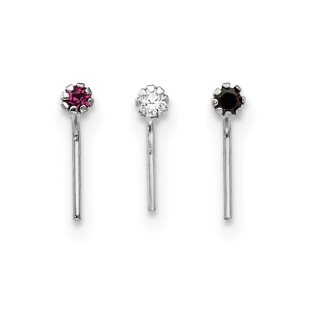 10k White Gold 20 Gauge Set of Three 1.5mm Dark Red/Clear/Black CZ Nose Studs