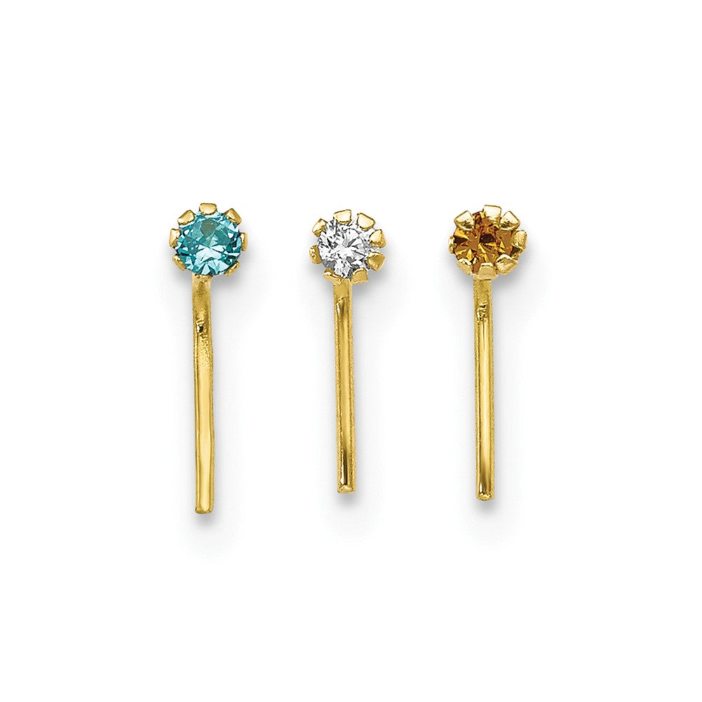 10k 20 Gauge Set Of Three 1.5mm Blue/Clear/Yellow CZ Nose Studs