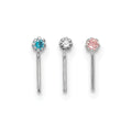 10k White Gold 20 Gauge Set of Three 1.5mm Blue/Clear/Pink CZ Nose Studs