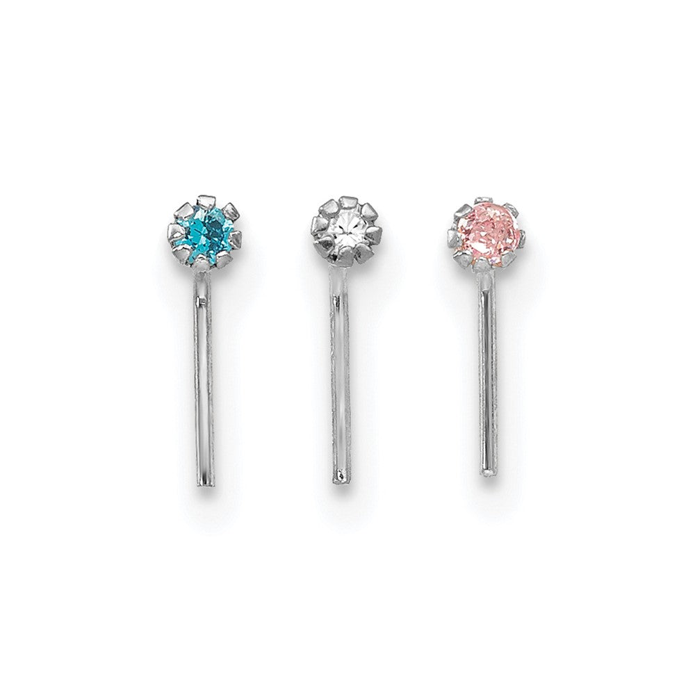 10k White Gold 20 Gauge Set of Three 1.5mm Blue/Clear/Pink CZ Nose Studs