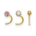 10k 20 Gauge Set of Three 2.00mm Pink/White CZ and Gold Ball Nose Studs
