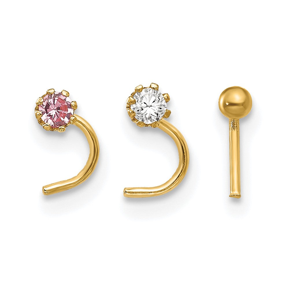 10k 20 Gauge Set of Three 2.00mm Pink/White CZ and Gold Ball Nose Studs