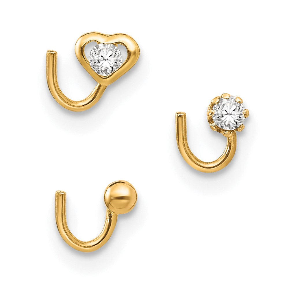 10k 20 Gauge Set Of Three Heart/Round CZ and Gold Ball Nose Studs