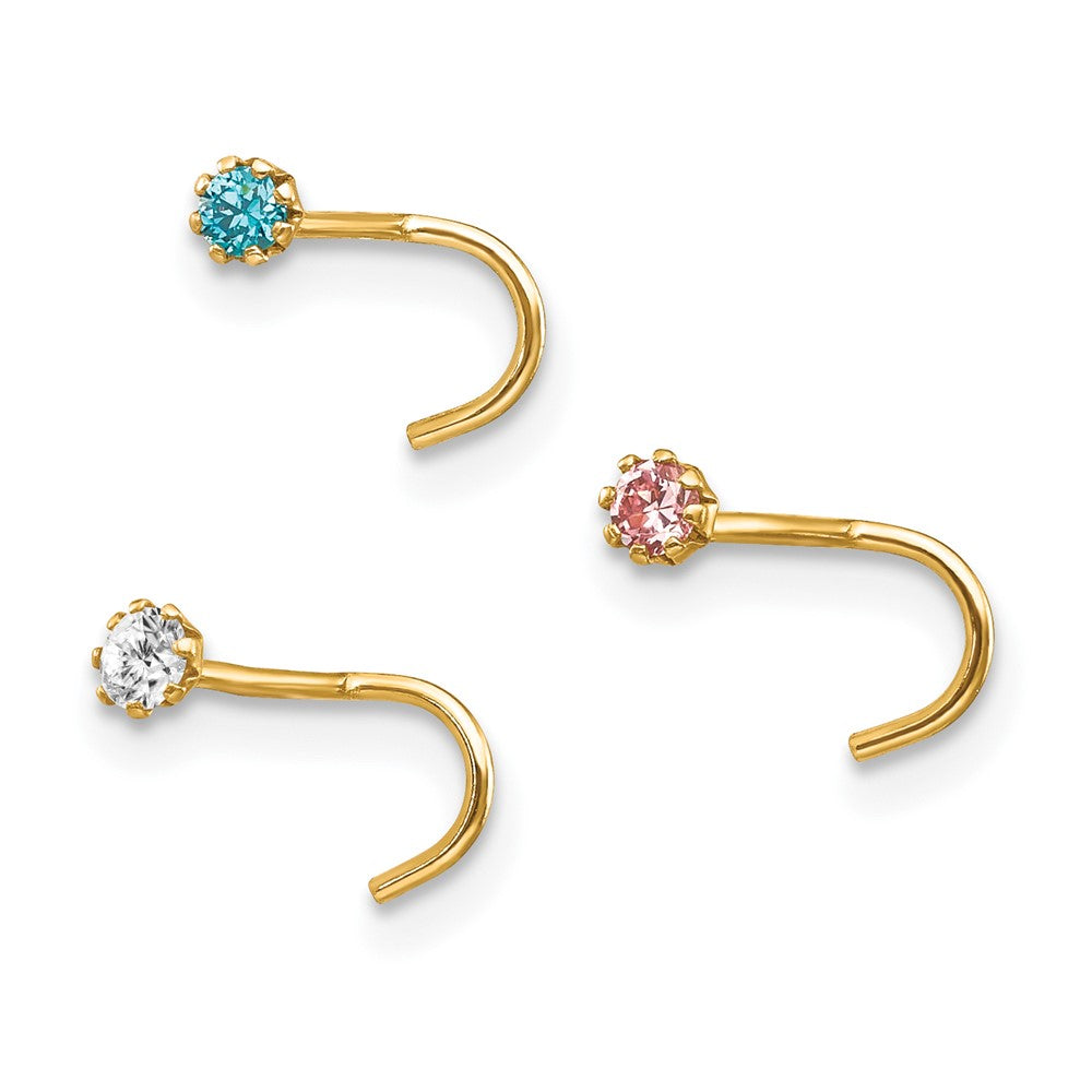 10k 20 Gauge Set Of Three 2.00mm Blue/Clear/Pink CZ Nose Studs