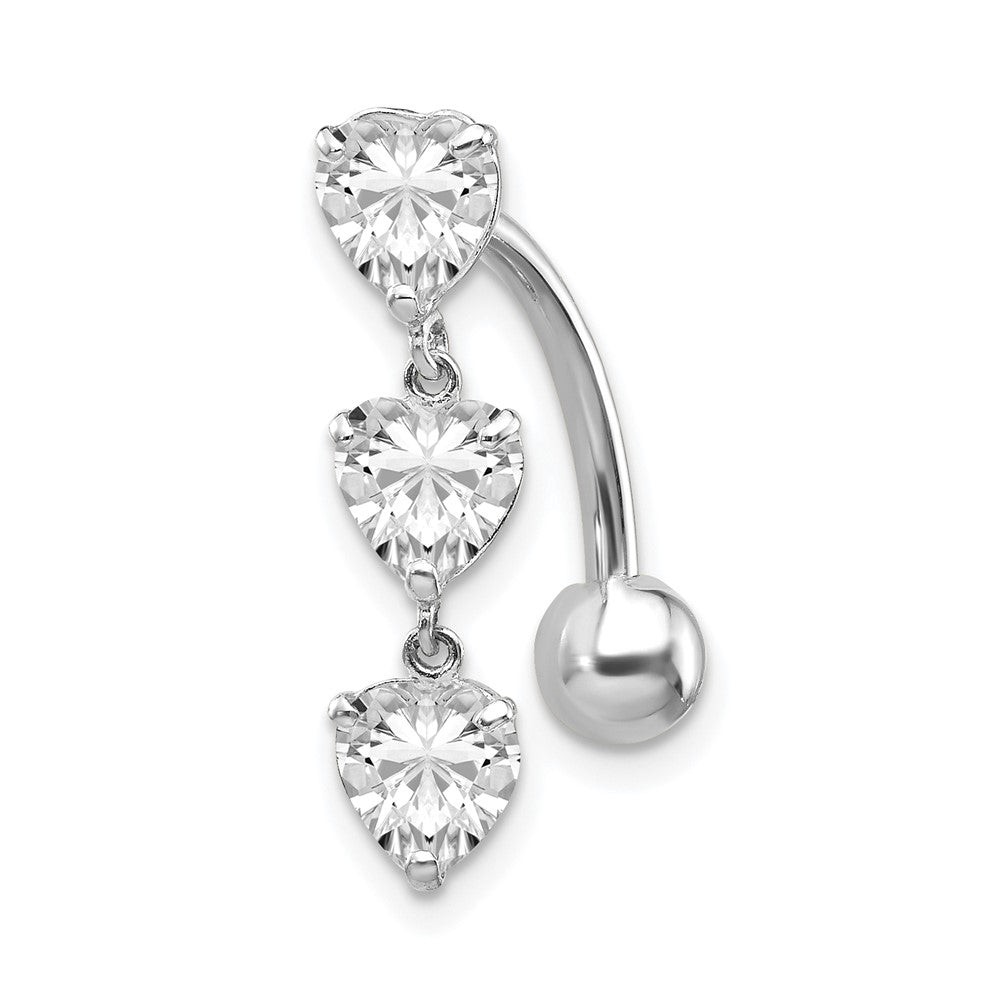 10k White Gold 5mm CZ Heart 3-Stone Belly Dangle