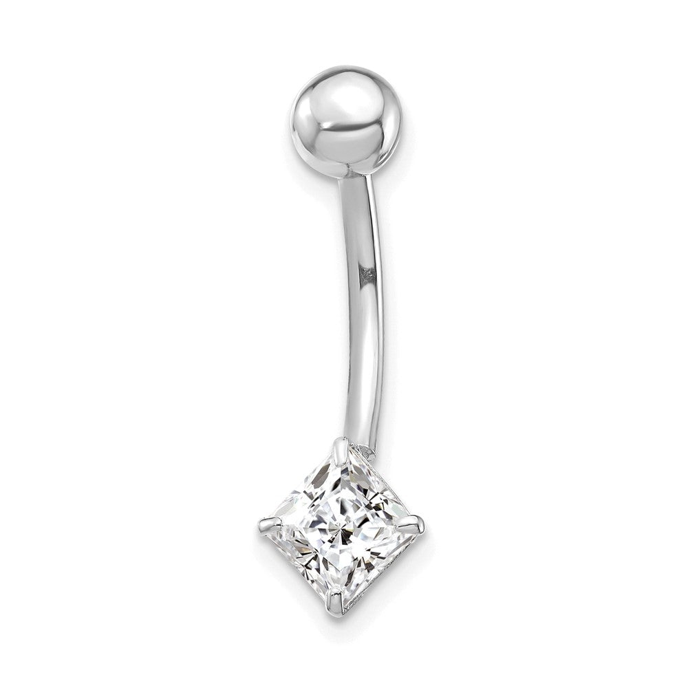 10k White Gold 14 Gauge 5mm Square CZ Belly Dangle