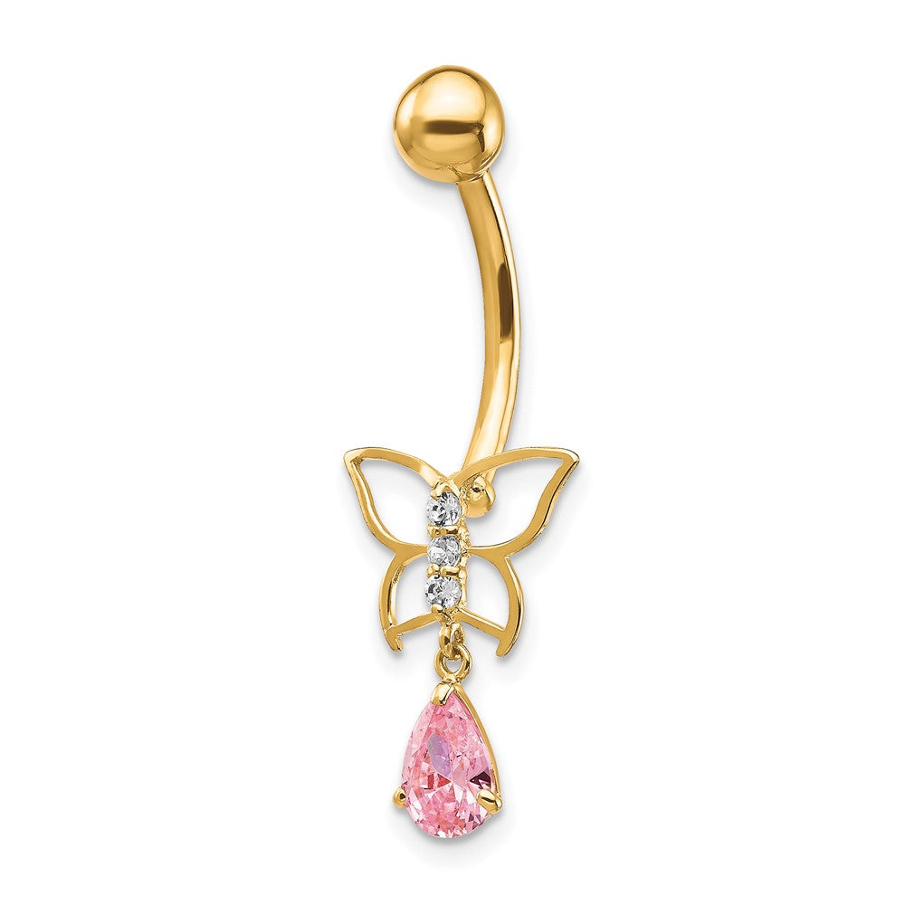 10k 14 Gauge Dangle Butterfly with Pink CZ Belly Dangle