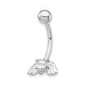 10k White Gold 14 Gauge CZ Heart with Angel Wings Belly Dangle