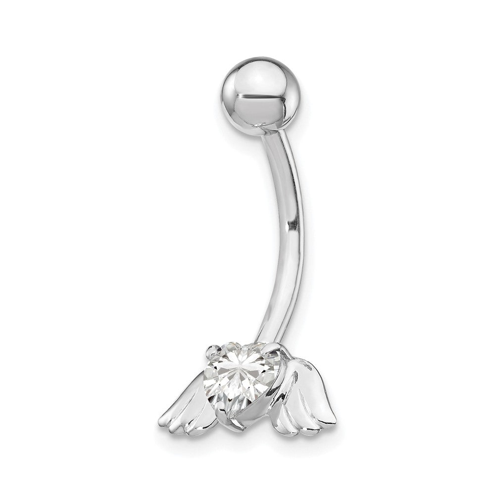 10k White Gold 14 Gauge CZ Heart with Angel Wings Belly Dangle