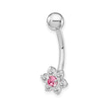 10k White Gold 14 Gauge CZ Flower with Pink Center Belly Dangle
