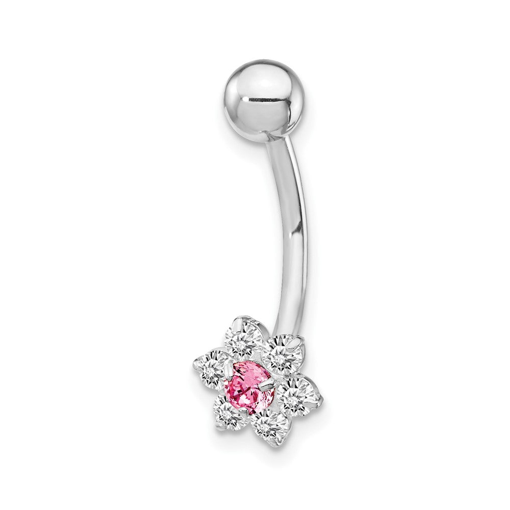 10k White Gold 14 Gauge CZ Flower with Pink Center Belly Dangle