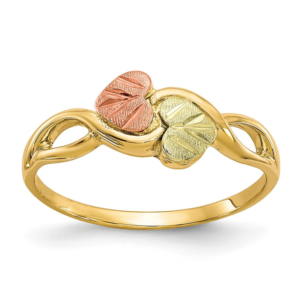10k and 12k Tri-color Black Hills Gold Two Heart Leaves Ring, Size 6