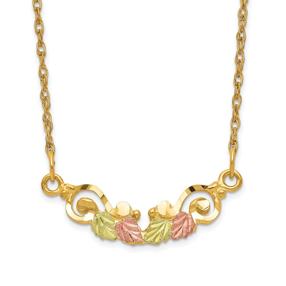 10k and 12k Tri-color Black Hills Gold Leaves Scroll Bar 14k Gold-filled Chain 19 inch Necklace, 19 x 22 mm