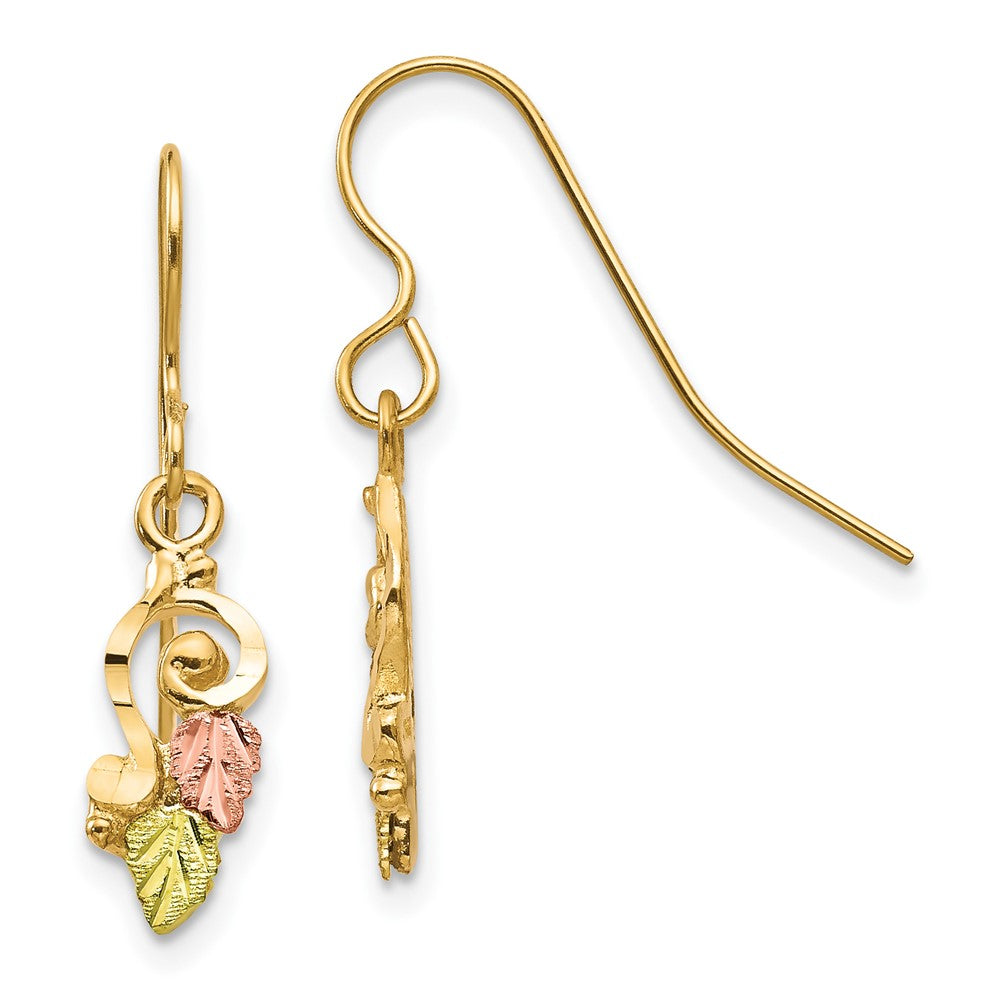 10k and 12k Tri-color Black Hills Gold Leaves Scroll Shepherd Hook Earrings, 26 x 6 mm