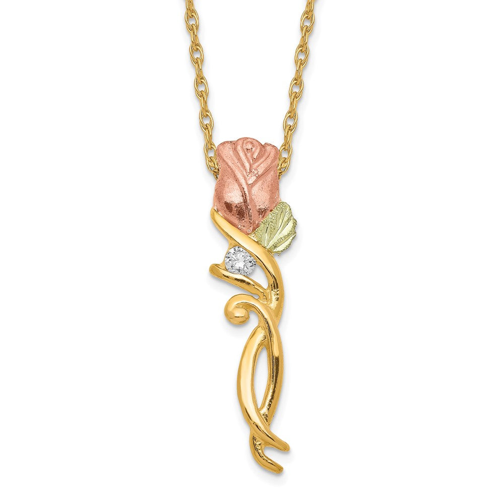10k and 12k Tri-color Black Hills Gold 1/20 carat Diamond Long-stemmed Rose 14k Gold-filled Chain 18 inch Necklace, 0.05 ct, 18 x 6 mm