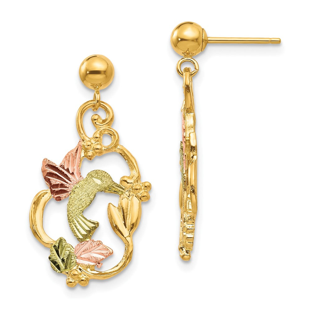 10k and 12k Tri-color Black Hills Gold Hummingbird with Flower and Leaves Dangle Post Earrings, 26 x 13 mm