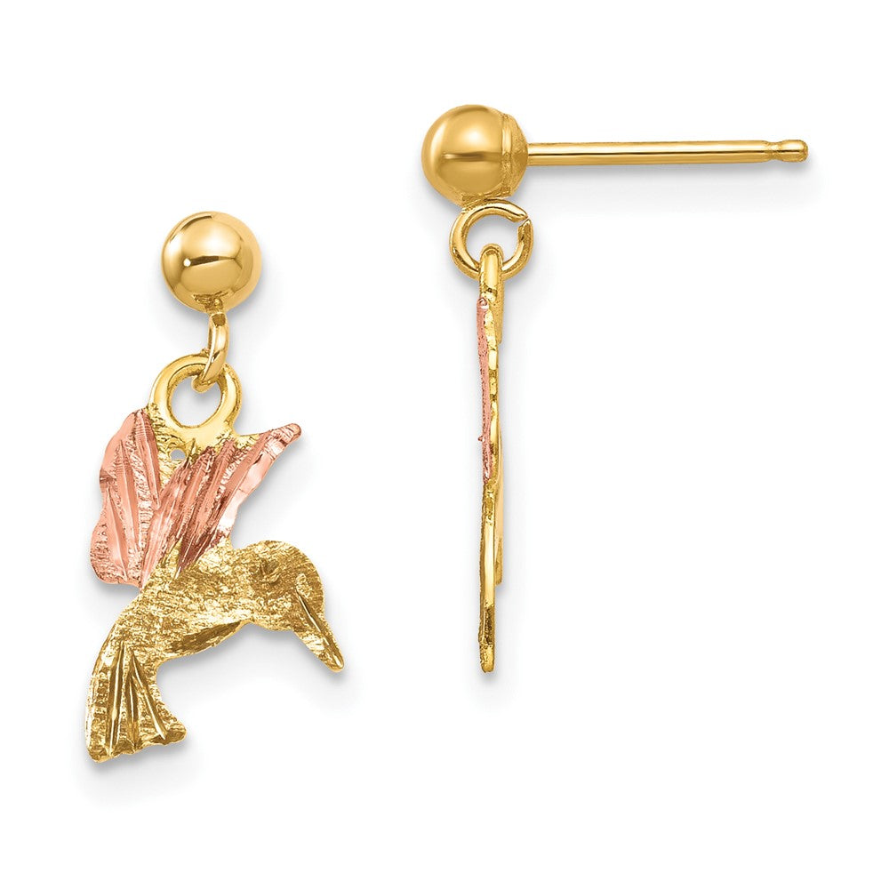 10k and 12k Tri-color Black Hills Gold Hummingbird Dangle Post Earrings, 16 x 7 mm