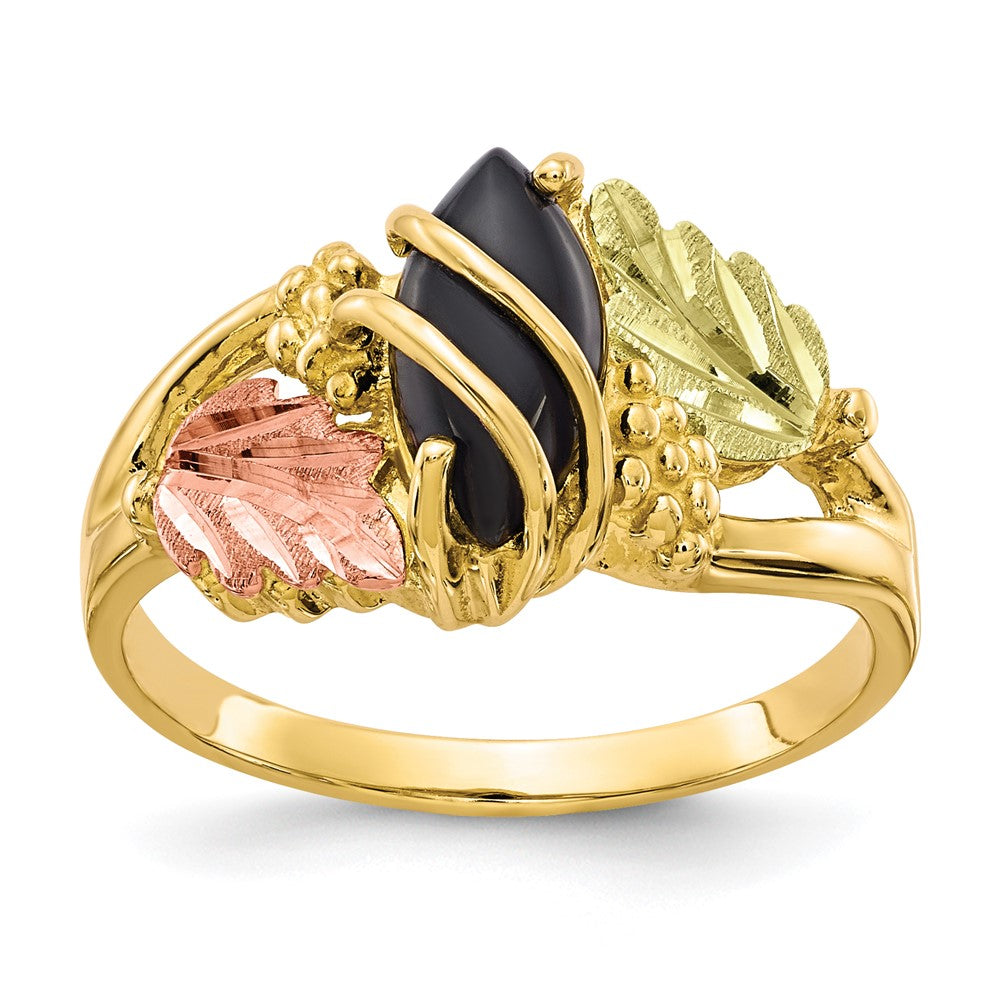 10k and 12k Tri-color Black Hills Gold Marquise Onyx Ring, Size 7