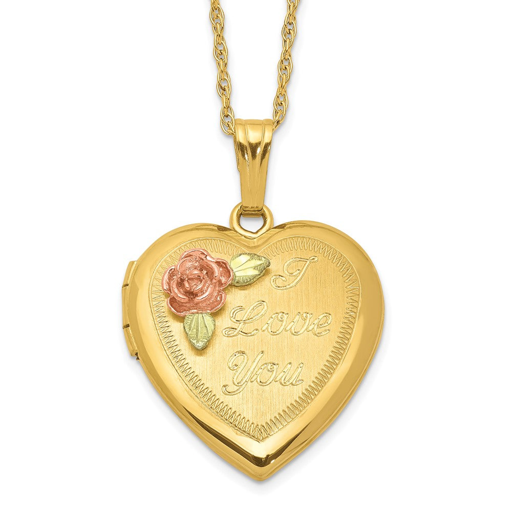 10k and 12k Tri-color Black Hills Gold 18mm I LOVE YOU with Rose Heart Locket 14k Gold-filled Chain 18 inch Necklace, 18 x 18.55 mm