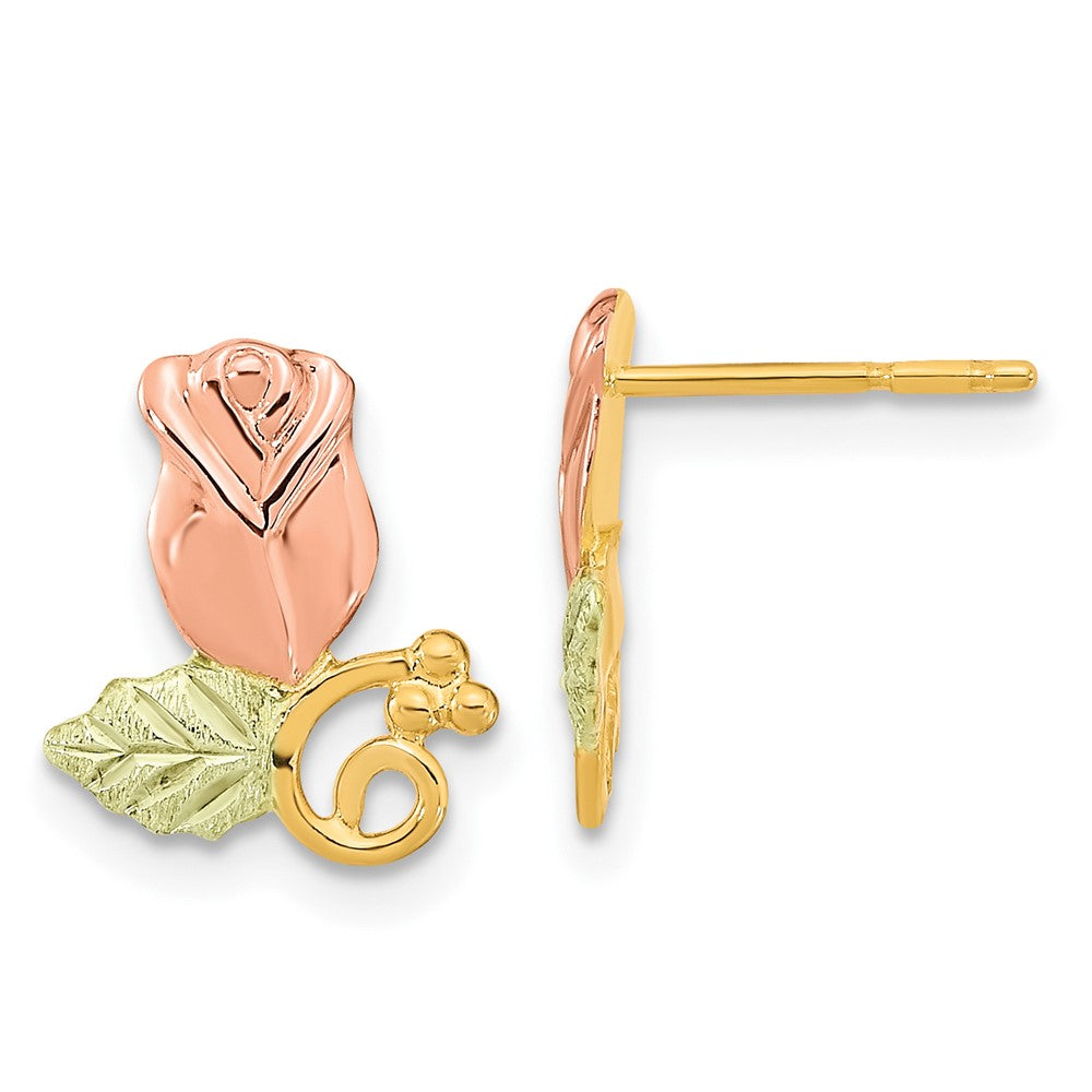 10k and 12k Tri-color Black Hills Gold Rosebud and Leaf Post Earrings, 12.02 x 9.79 mm