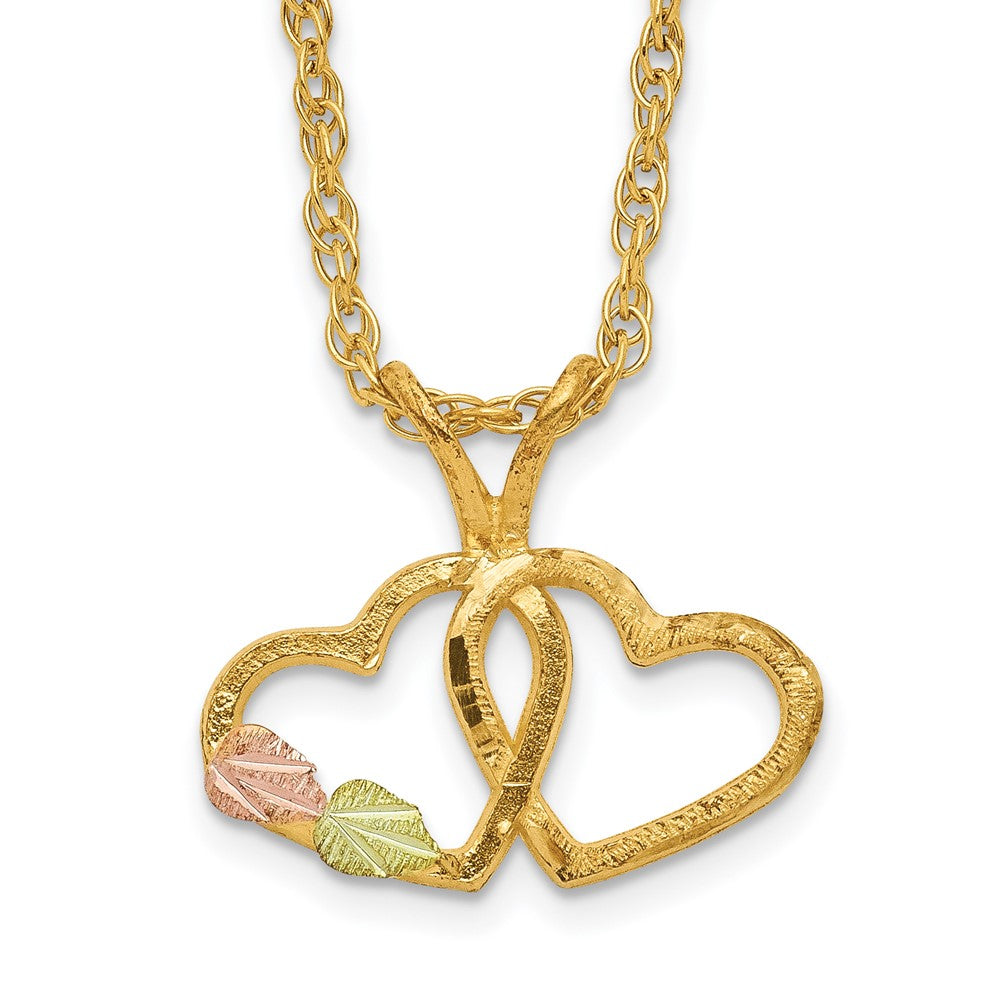 10k and 12k Tri-color Black Hills Gold Double Heart and Leaves 14k Gold-filled Chain 18 inch Necklace, 18 x 13.55 mm