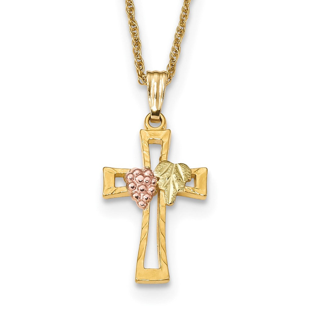 10k and 12k Tri-color Black Hills Gold Grapes and Leaf on Cross 14k Gold-filled Chain 18 inch Necklace, 18 x 12.23 mm