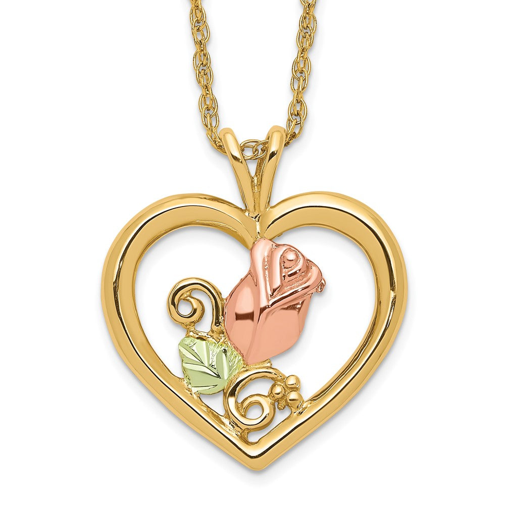 10k and 12k Tri-color Black Hills Gold Rosebud and Leaf in Heart 14k Gold-filled Chain 18 inch Necklace, 18 x 18.81 mm