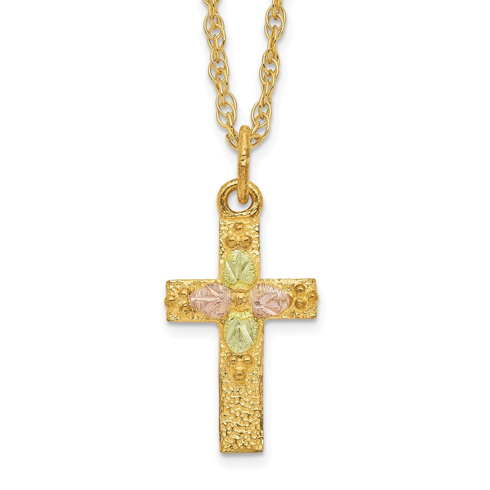 10k and 12k Tri-color Black Hills Gold Leaves on Cross 14k Gold-filled Chain 18 inch Necklace, 18 x 9.47 mm
