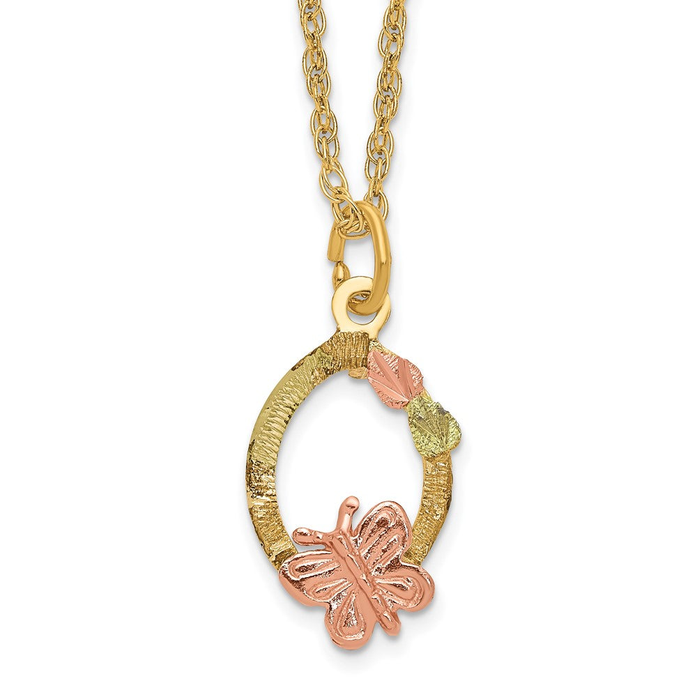 10k and 12k Tri-color Black Hills Gold Butterfly and Leaves on Oval 14k Gold-filled Chain 18 inch Necklace, 18 x 8.81 mm