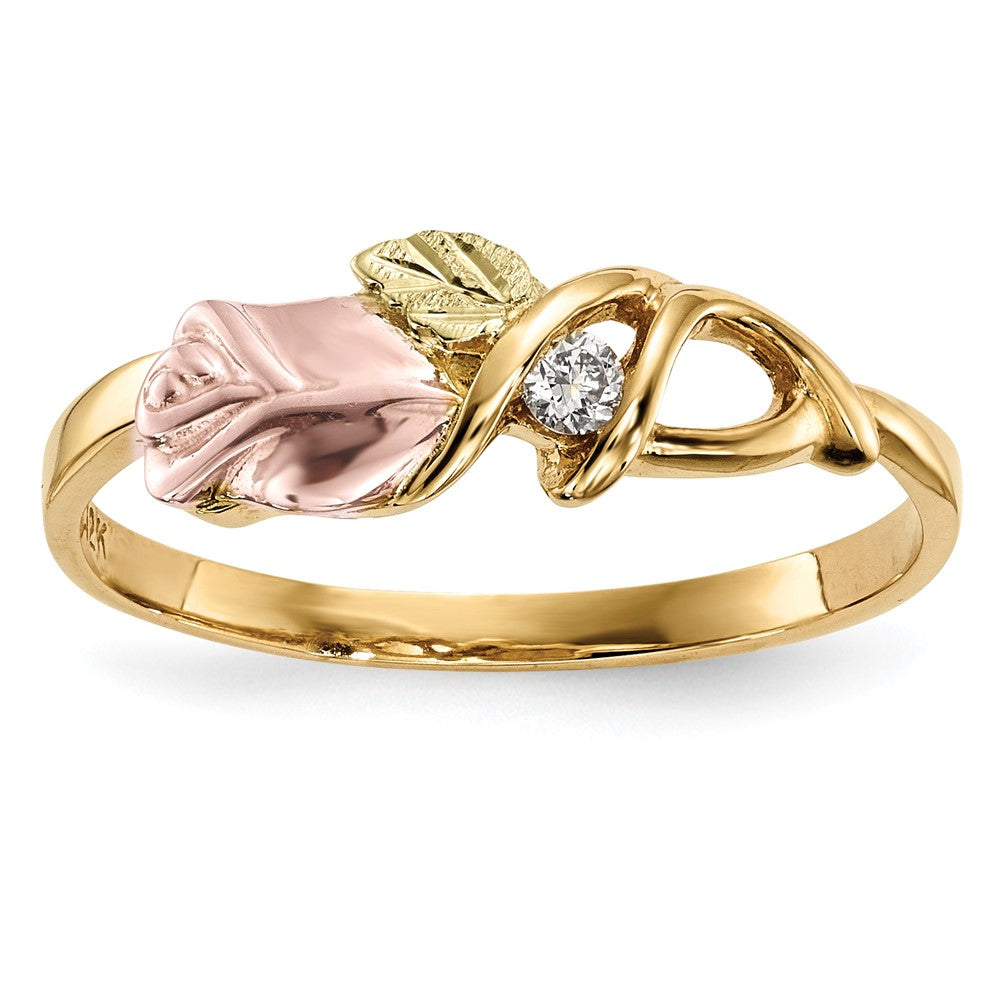 10k and 12k Tri-color Black Hills Gold 1/20 carat Diamond Rosebud and Leaf Ring, 0.05 ct, Size 7