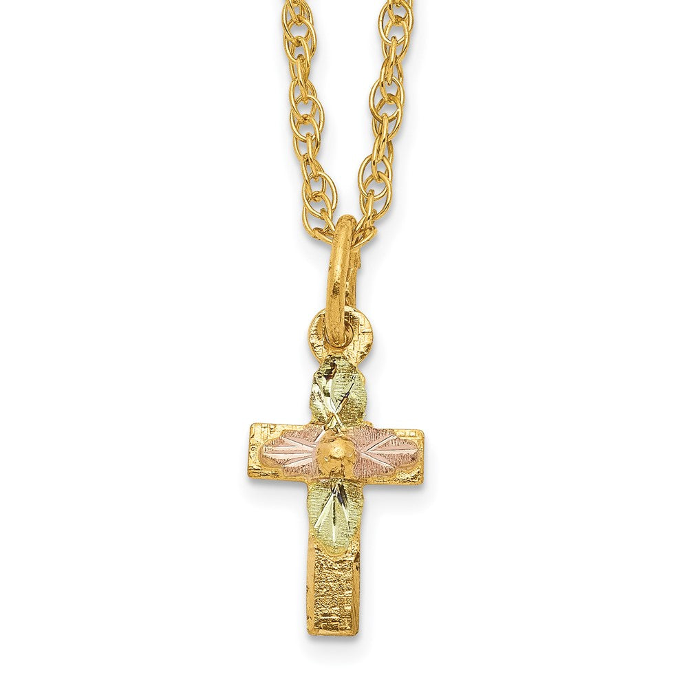 10k and 12k Tri-color Black Hills Gold Leaves on Small Cross 14k Gold-filled Chain 18 inch Necklace, 18 x 6.51 mm