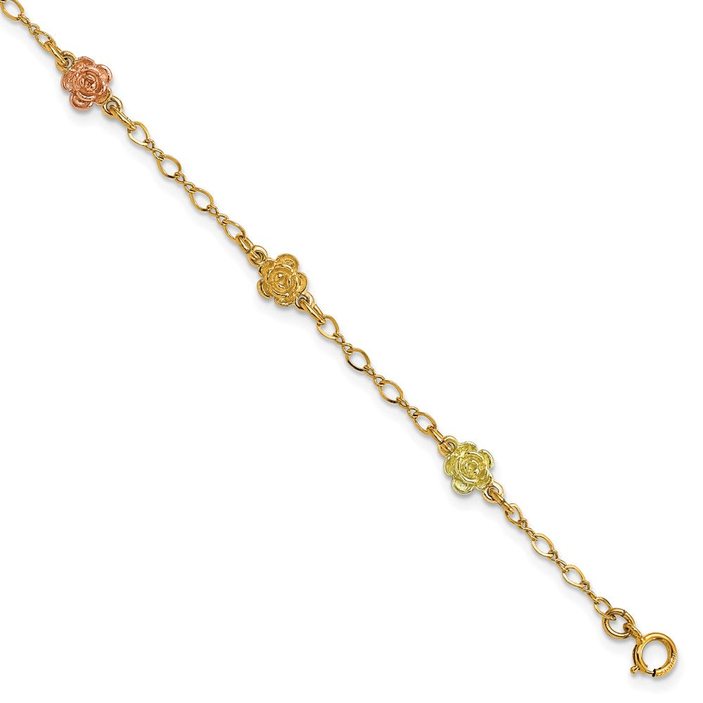 10k and 12k Tri-color Gold Black Hills Roses 7.5 inch Station Bracelet, 7.5 x 9.45 mm