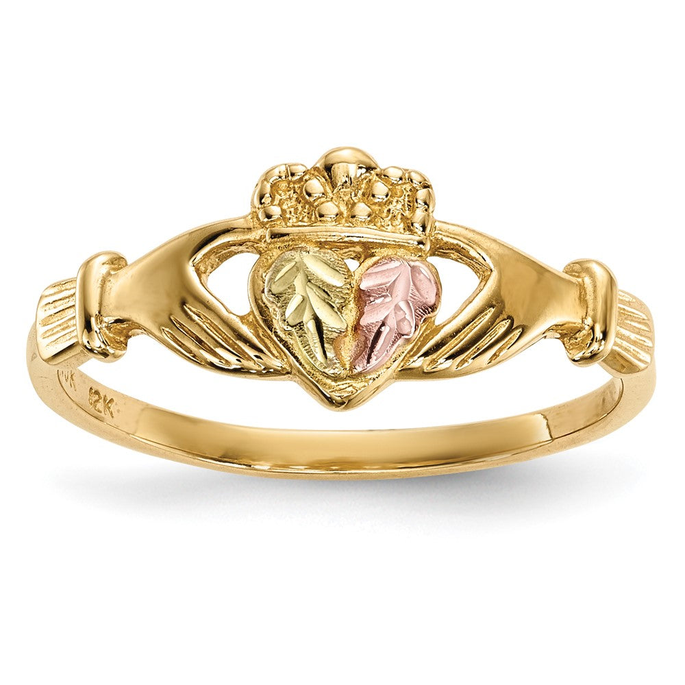 10k and 12k Tri-color Black Hills Gold Leaves on Heart Claddagh Ring, Size 7