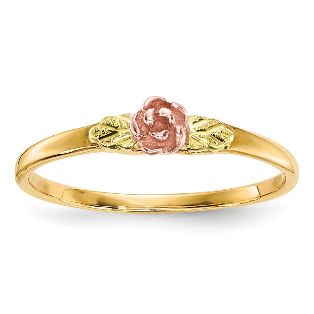 10k and 12k Tri-color Black Hills Gold Rose and Leaves Ring, Size 7
