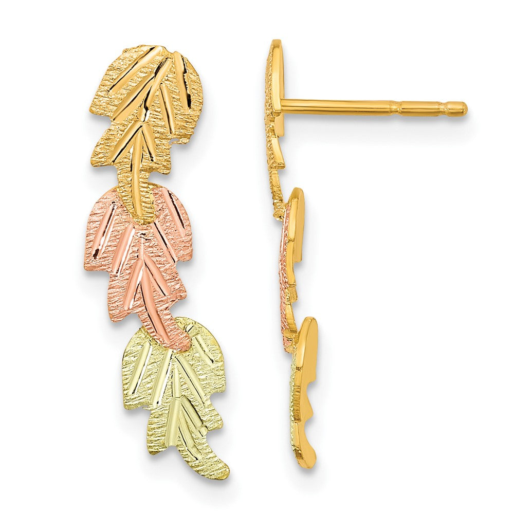 10k and 12k Tri-color Black Hills Gold 3-Leaves Post Earrings, 21.11 x 6.17 mm