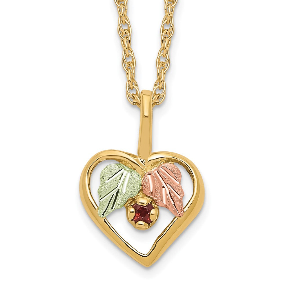 10k and 12k Tri-color Black Hills Gold Garnet and Leaves in Heart 14k Gold-filled Chain 18 inch Necklace, 0.06 ct, 18 x 10.07 mm