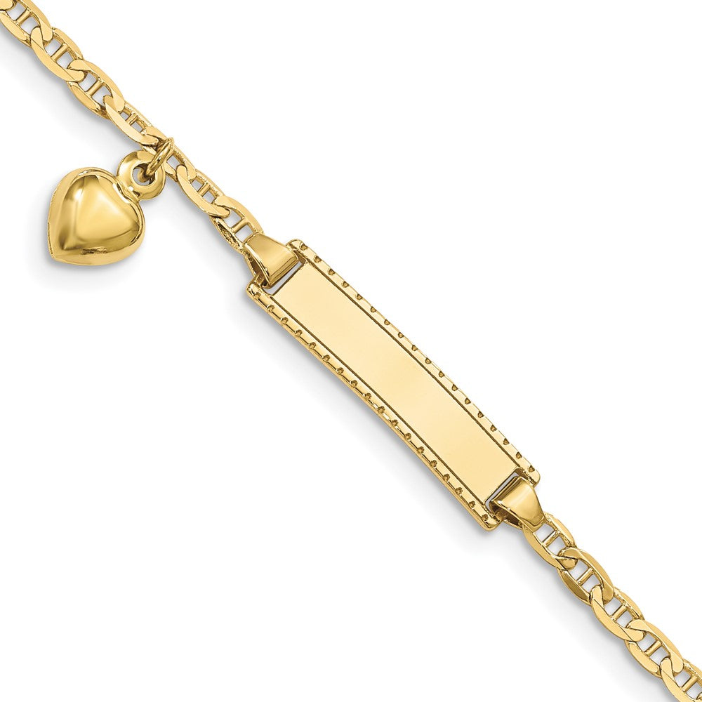 10k Polished Solid Chain/Solid Plate Puffed Heart Dangle Anchor Link 20x5mm Plate 6 inch Baby/Child ID Bracelet, 6 x 4.8 mm