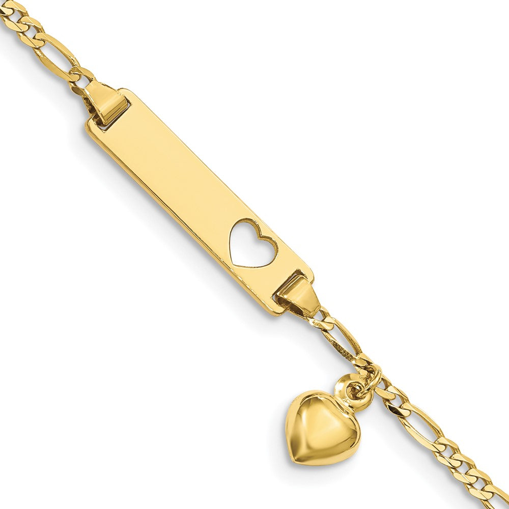10k Polished Solid Chain/Solid Plate Cut-out Heart with Puffed Heart Dangle Figaro Link 21x5mm Plate 6 inch Baby/Child ID Bracelet, 6 x 4.8 mm