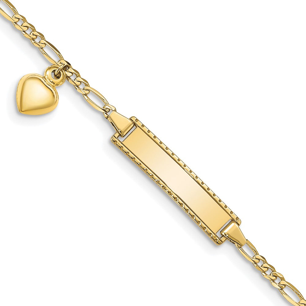 10k Polished Solid Chain/Solid Plate Puffed Heart Dangle Figaro Link 21x6mm Plate 6 inch Baby/Child ID Bracelet, 6 x 5.1 mm