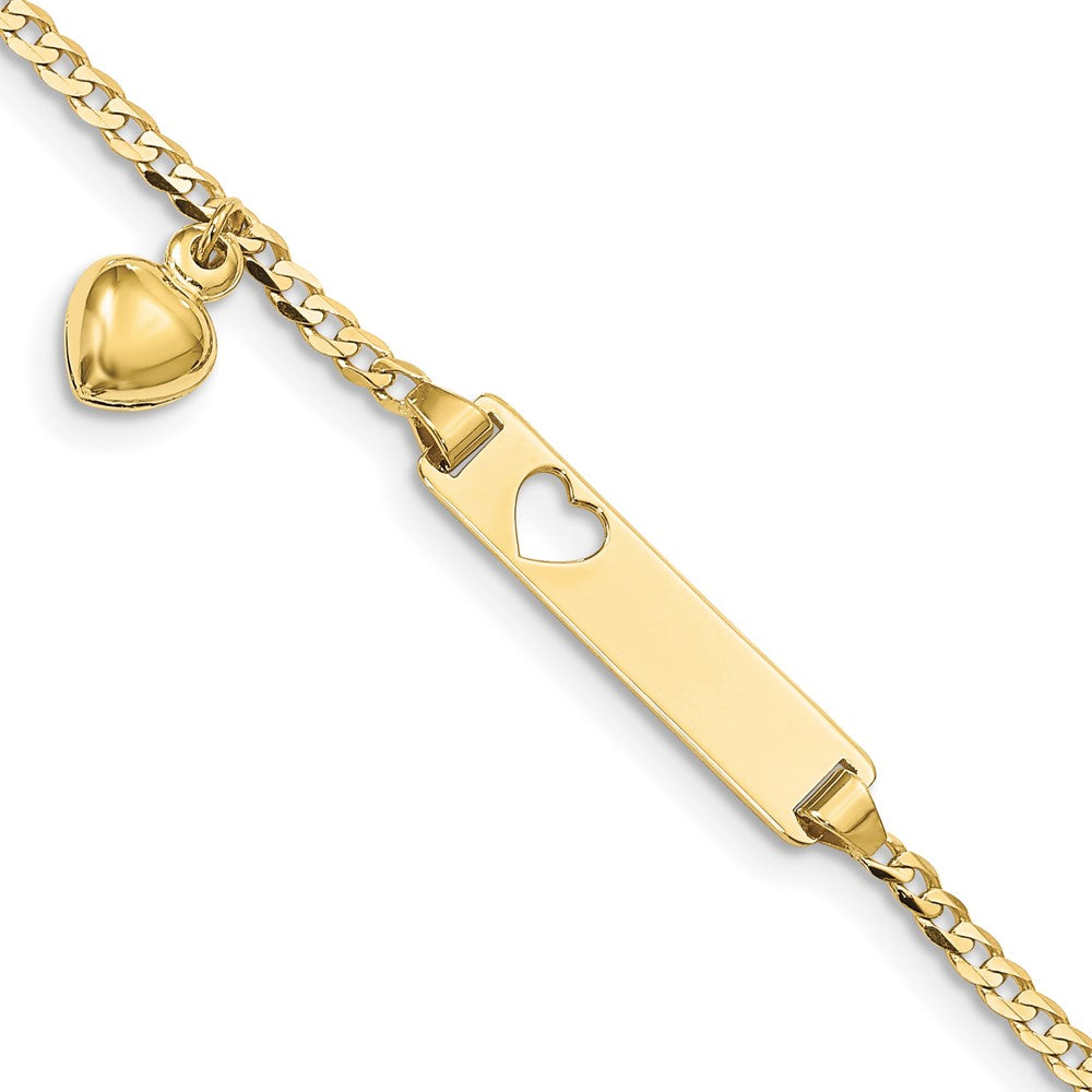 10k Polished Solid Chain/Solid Plate Cut-out Heart with Heart Dangle Curb Link 21x5mm Plate 6 inch Baby/Child ID Bracelet, 6 x 4.3 mm