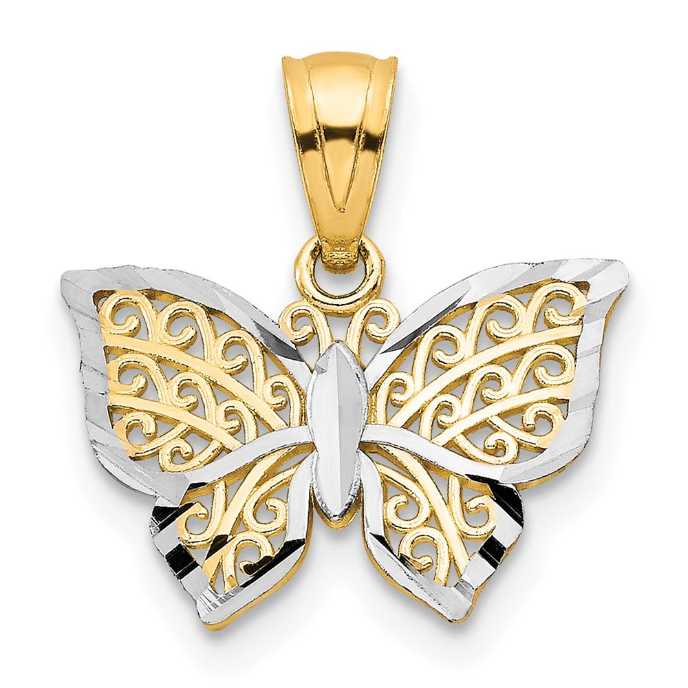 10K and White Rhodium Filigree Butterfly Charm, 14 x 16 mm