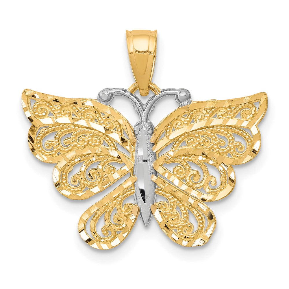 10K and White Rhodium Filigree Butterfly Pendant, 20 x 23 mm