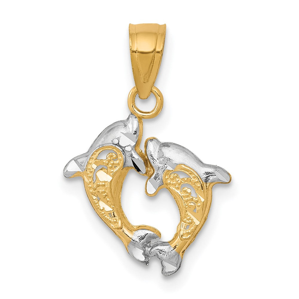 10K and White Rhodium Small Two Dolphins Charm, 20 x 11 mm