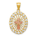 10k Two-tone CZ Cross in Oval Pendant, 30 x 16 mm