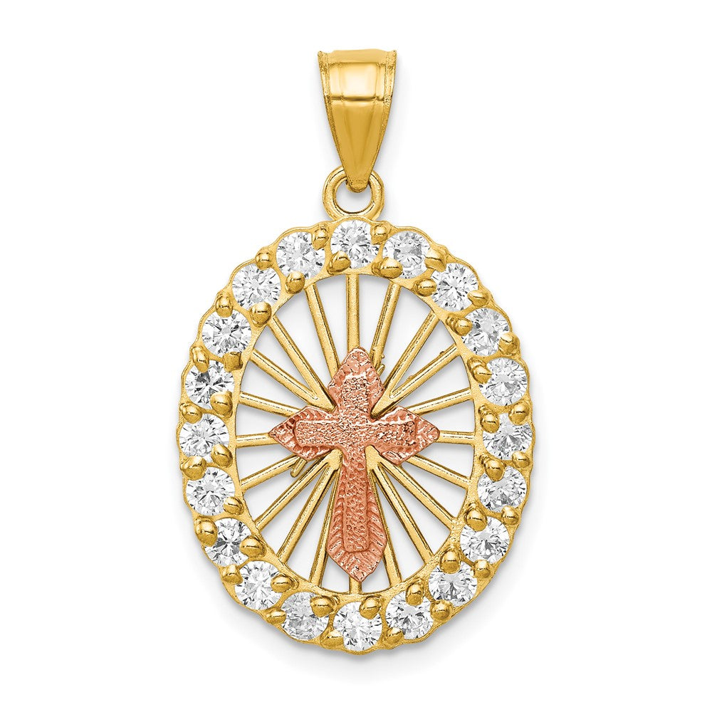 10k Two-tone CZ Cross in Oval Pendant, 30 x 16 mm