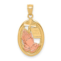 10k Two-tone Praying Hands with Cross and Holy Bible in Oval Pendant, 25 x 13 mm