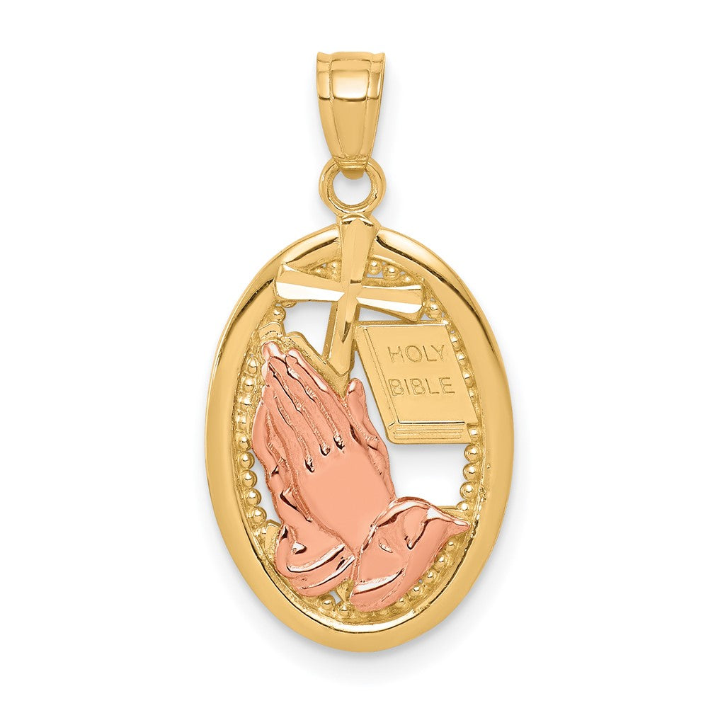 10k Two-tone Praying Hands with Cross and Holy Bible in Oval Pendant, 25 x 13 mm