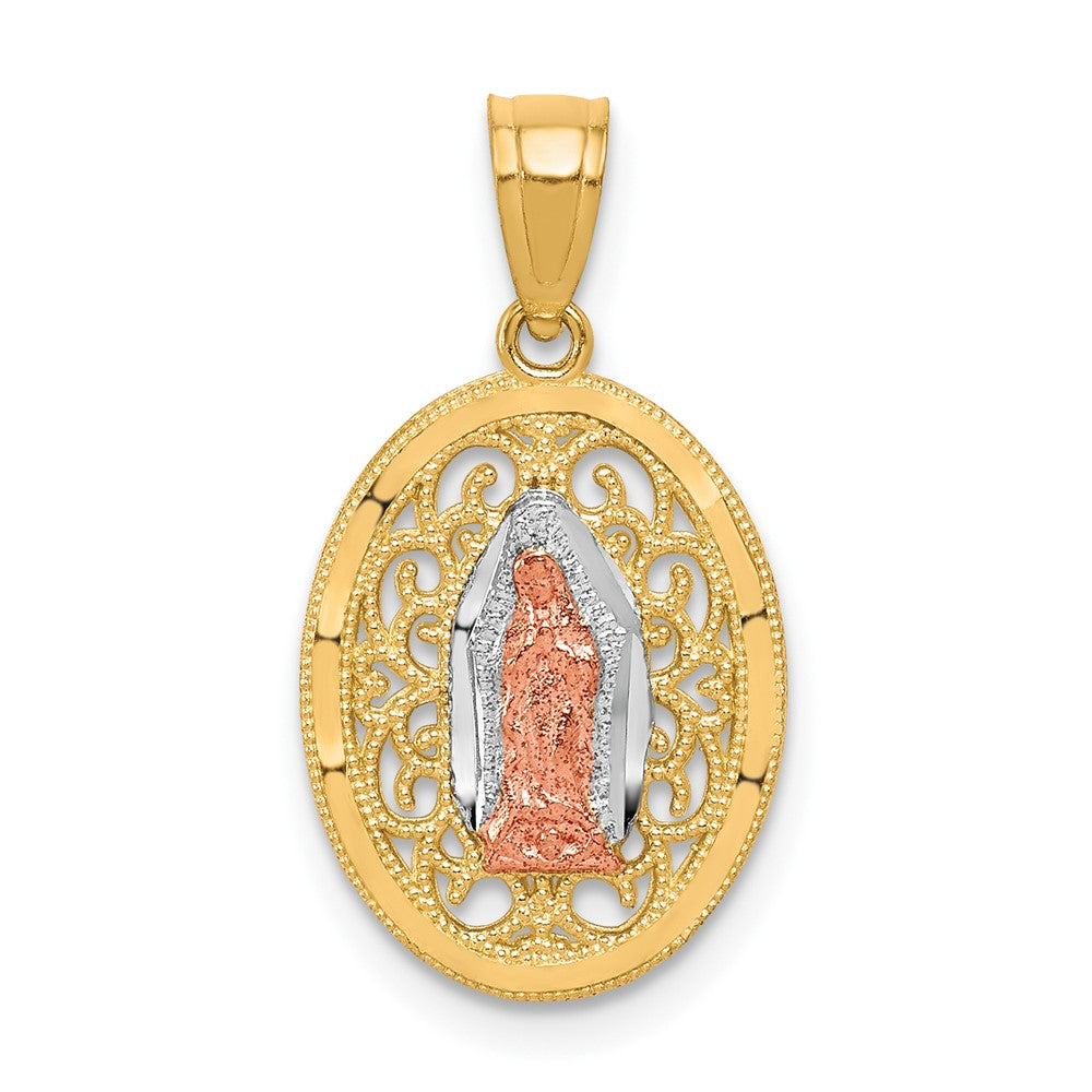 10k Two-tone and White Rhodium Oval Our Lady of Guadalupe Pendant, 20 x 11 mm