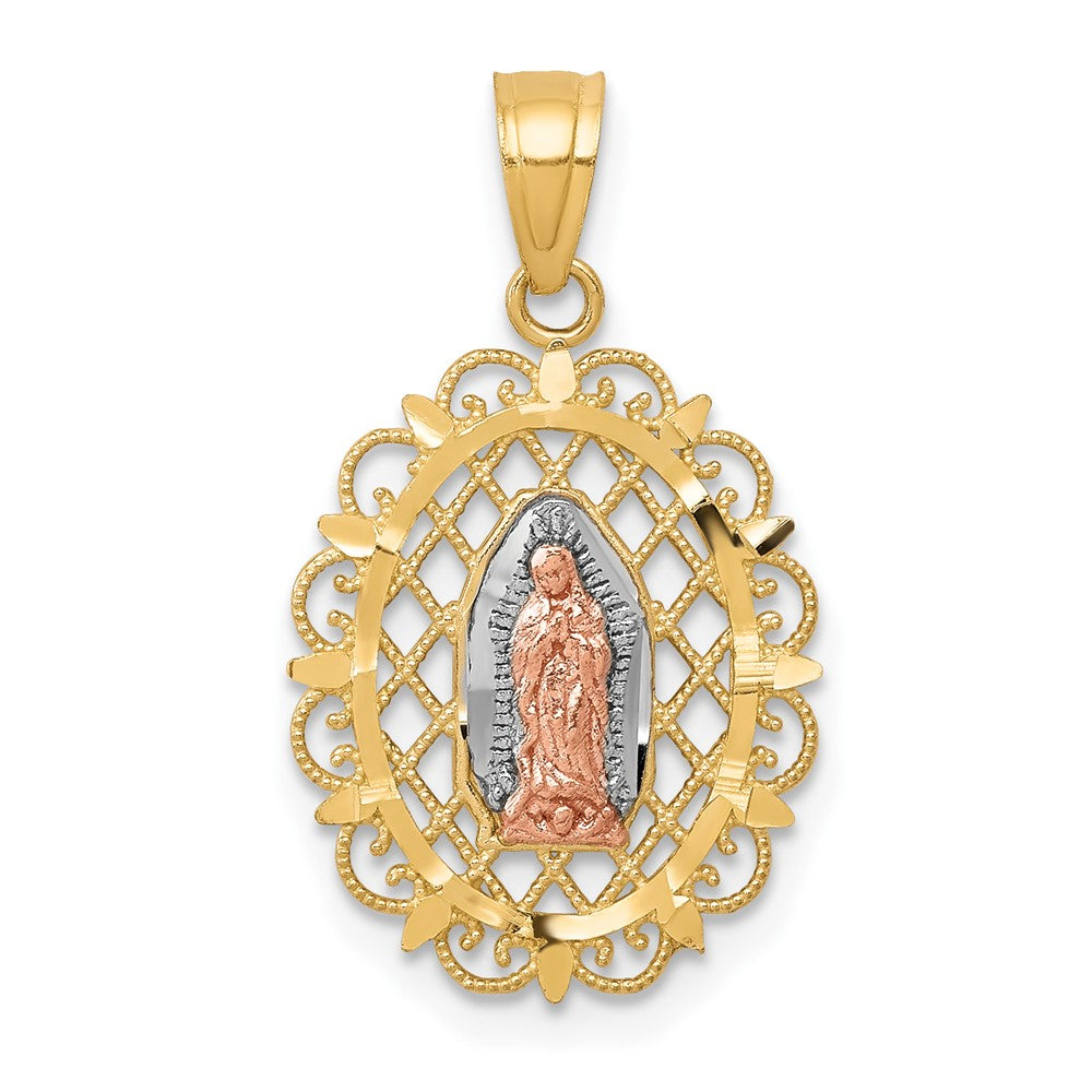 10k Two-tone and White Rhodium Oval Our Lady of Guadalupe with Scalloped Border Pendant, 22 x 13 mm